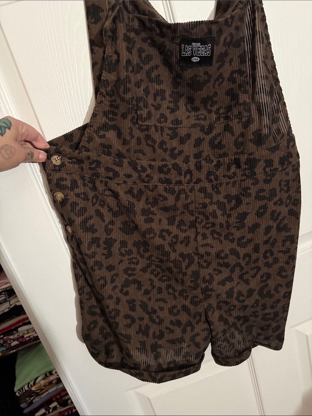 Leopard Print Corduroy Overalls in Tan and Black - Picture 3 of 5